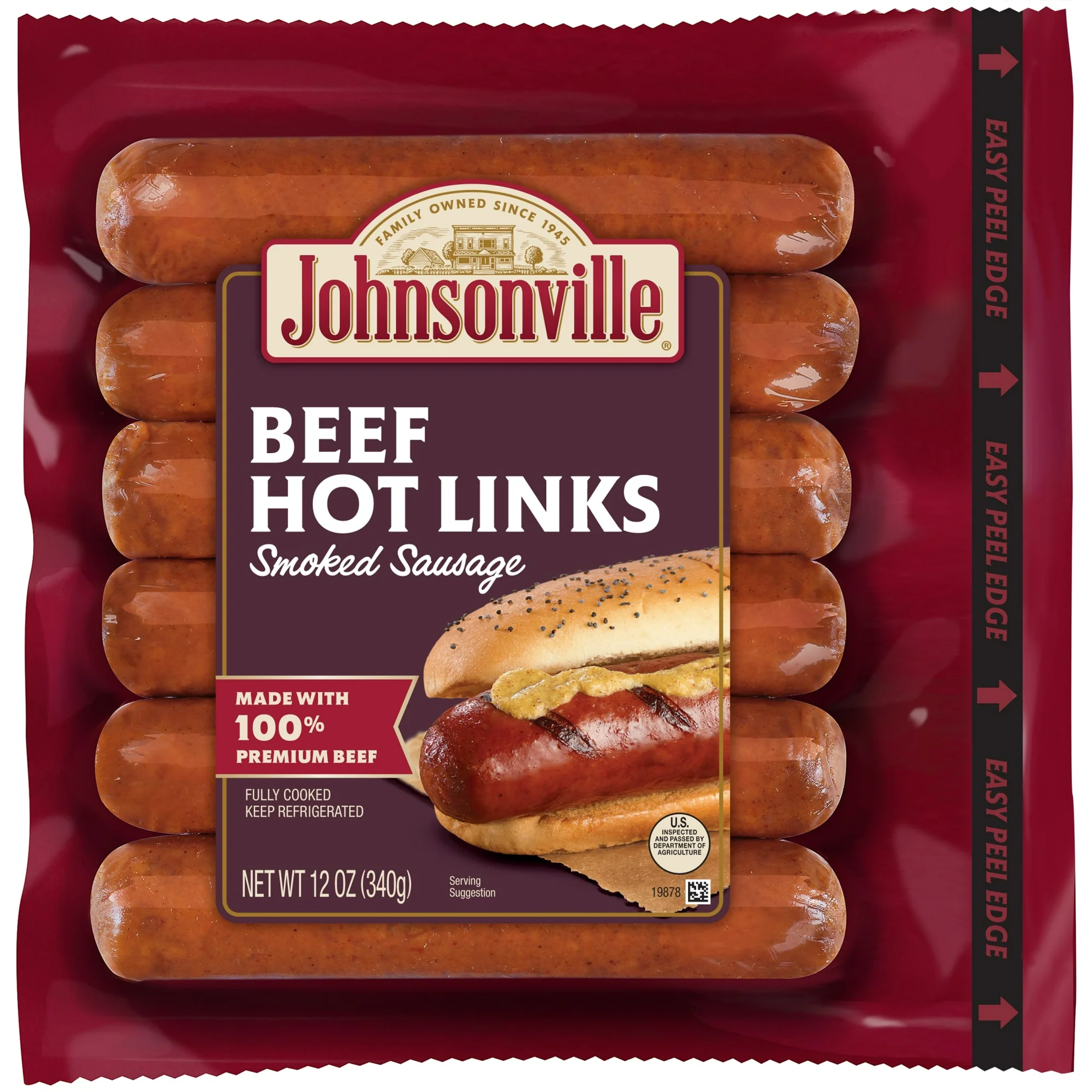 Johnsonville Beef Hot Smoked Sausage, 6 Links, 12 oz (Refrigerated)