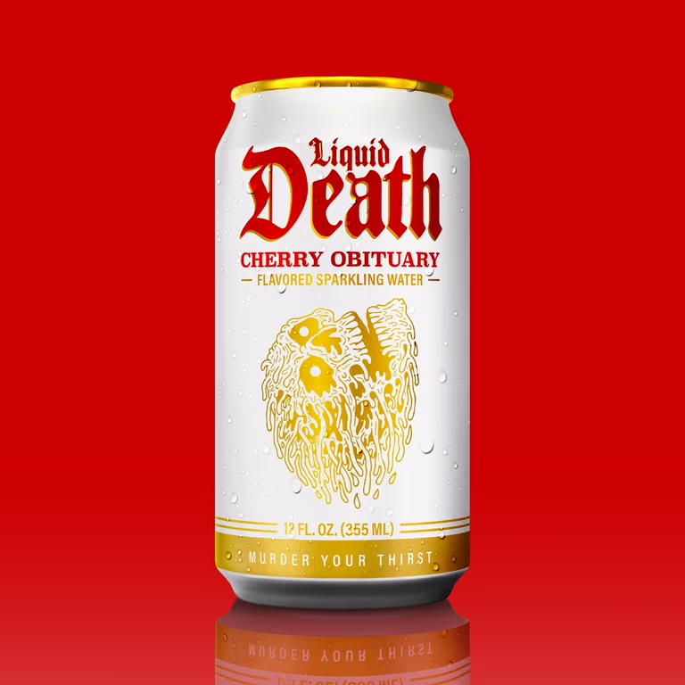 Liquid Death Soda-Flavored Sparkling Water (Cherry obituary)